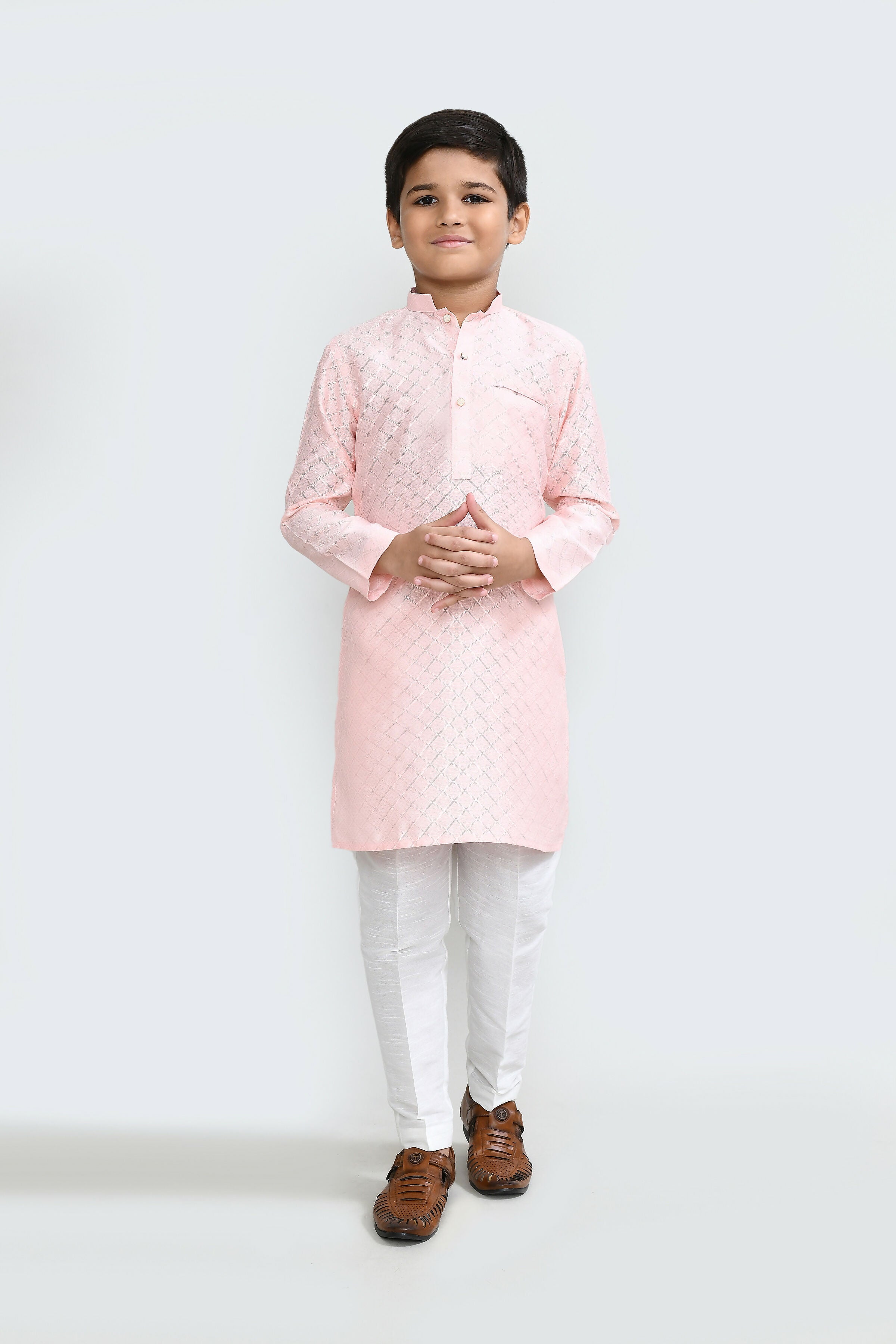 Peach Cotton Silk Kurta Set with White Straight Fit Pants