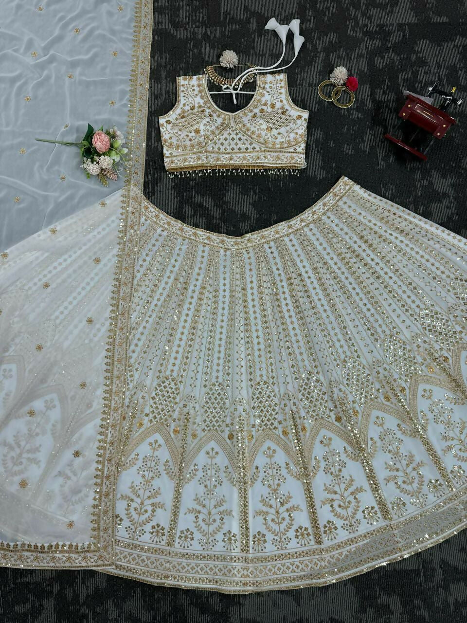 White Faux Georgette Embroidered Lehenga Choli with Sequins