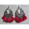 Handmade red thread earrings featuring glass pearl accents in a traditional jhumka design.