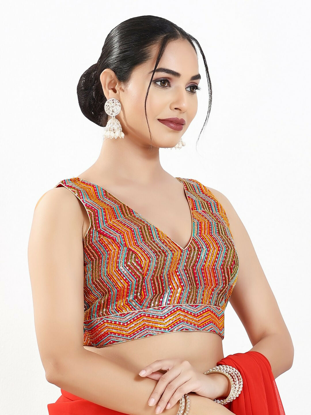 Joban Fashion Red Multi Silk Padded Blouse With V Neck Sleeveless