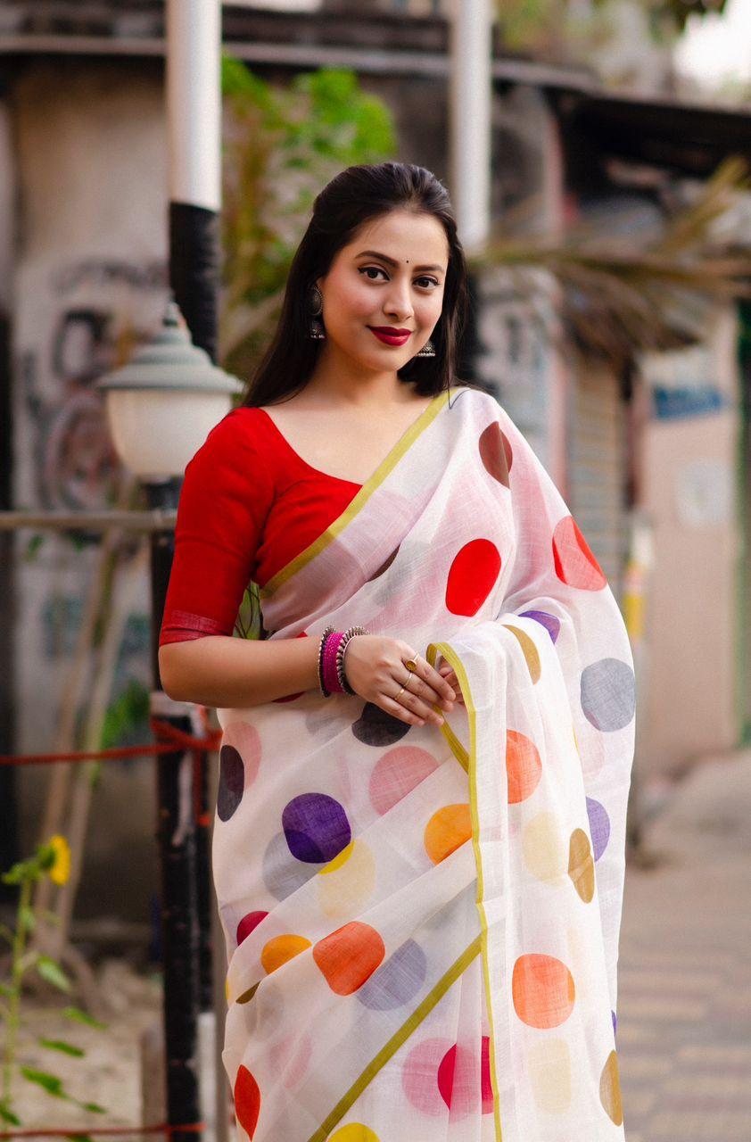 White Pure Linen Saree with Polka Dots and Weaving Border