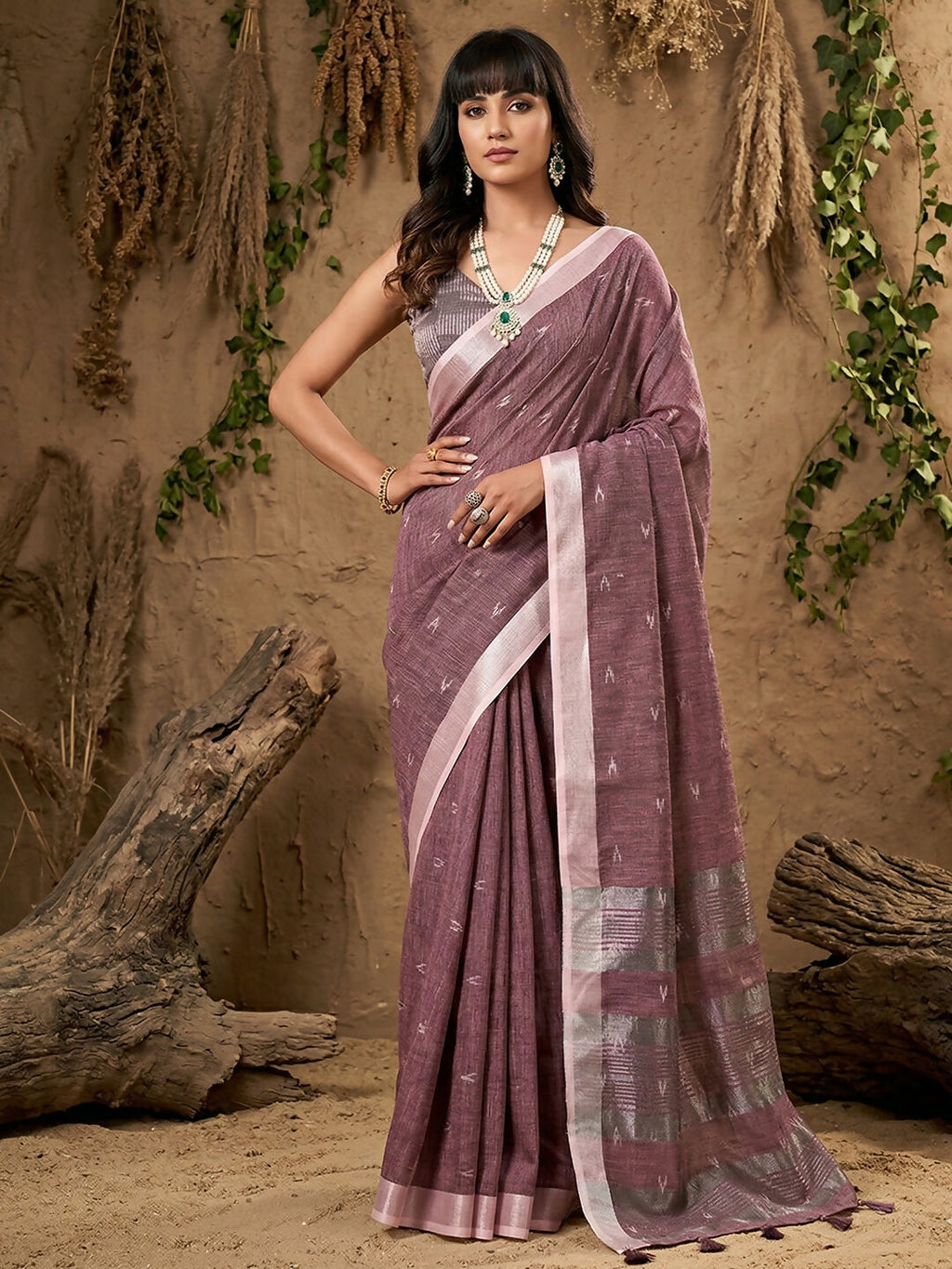 Purple linen cotton saree with matching blouse piece