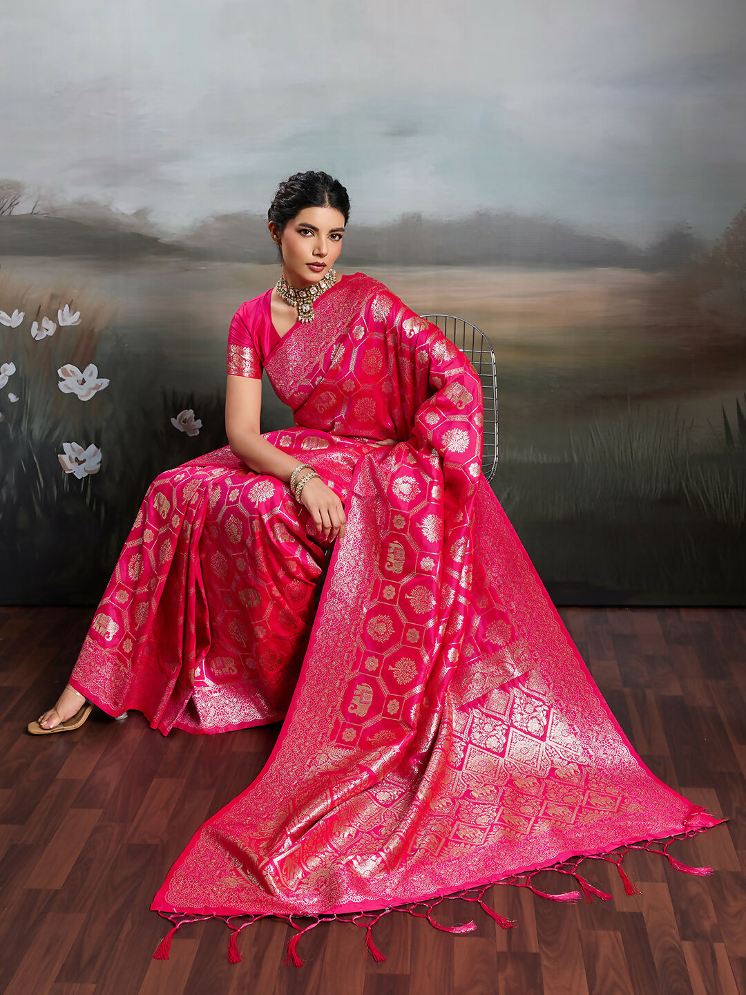 Rani Pink Silk Blend Saree with Matching Blouse Piece