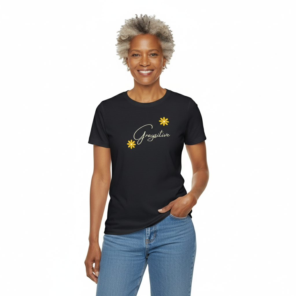 Women's casual cotton t-shirt with floral pattern in black, pink, and gray.