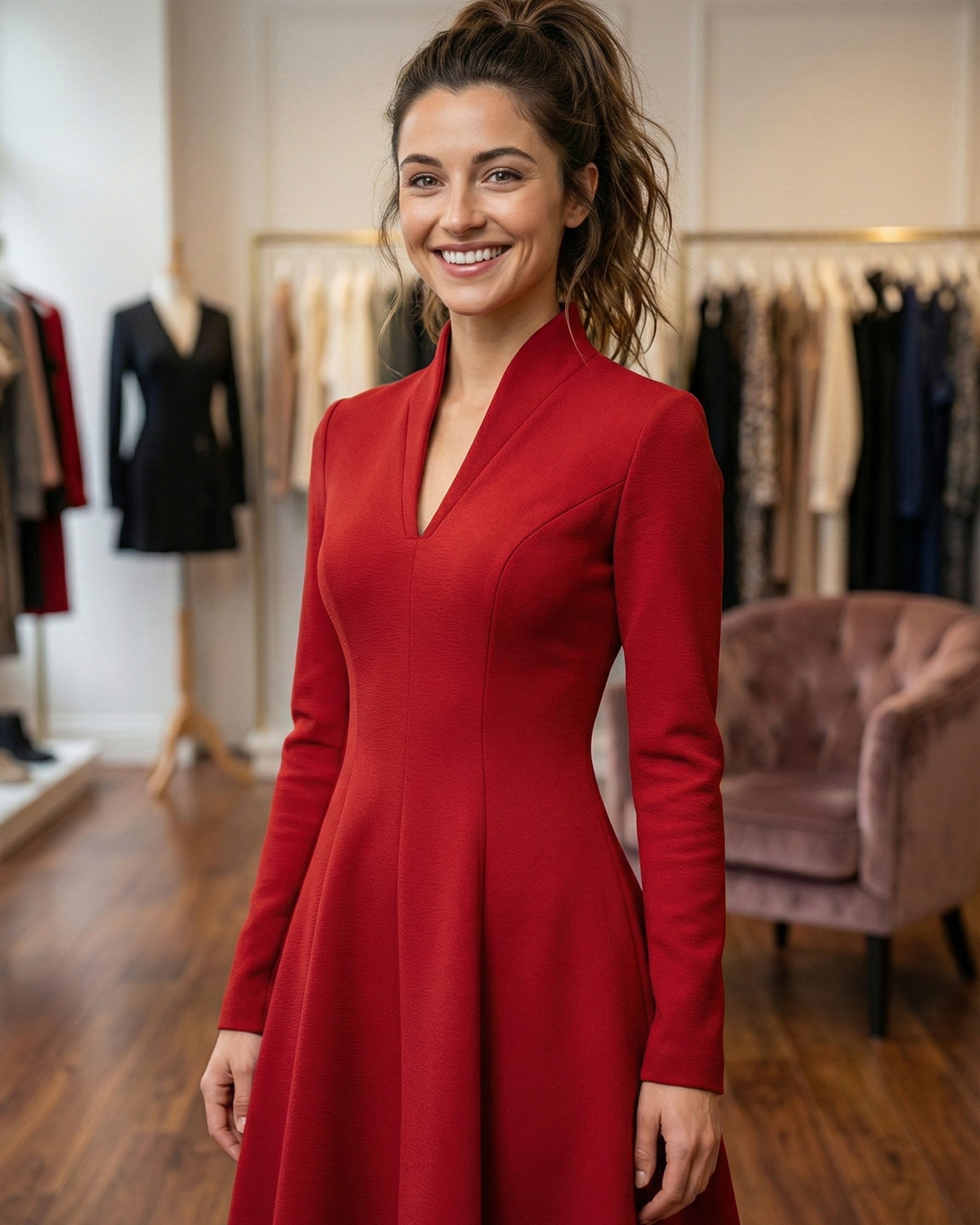 Woman wearing a red dress in a clothing store