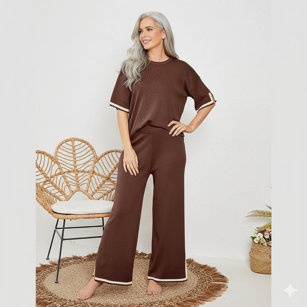 A two-piece knit set featuring a three-quarter sleeve pullover and matching wide-leg pants in various solid colors.