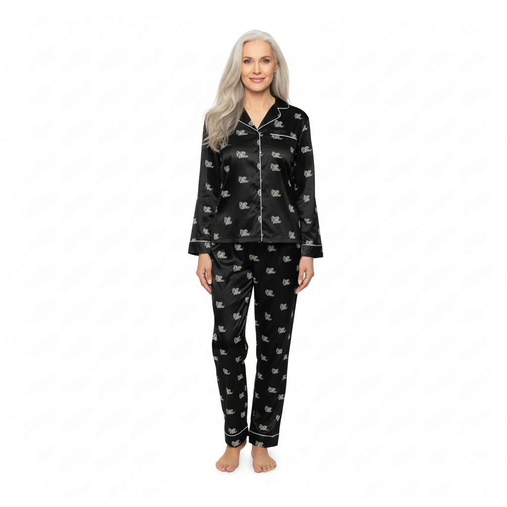 Woman wearing a luxurious gray satin pajama set, featuring soft fabric and an elegant fit for comfortable sleepwear.