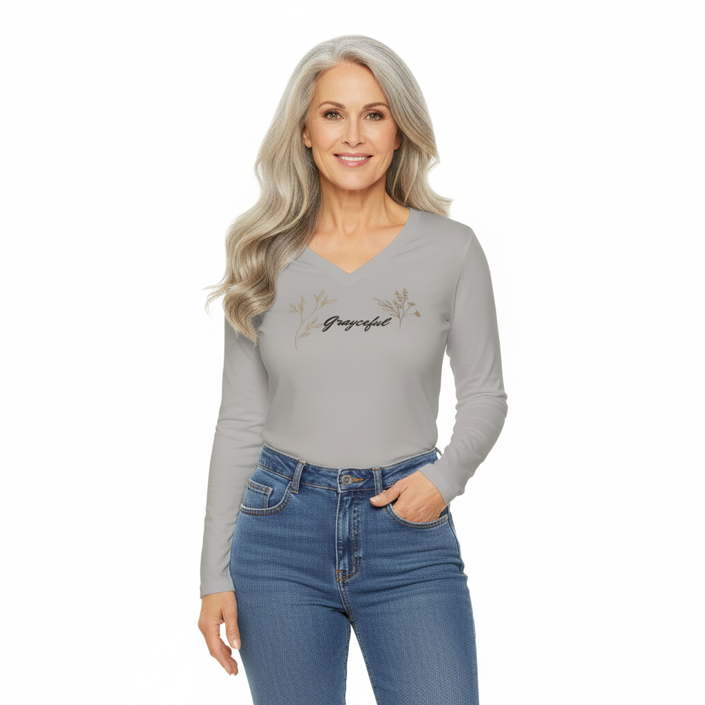 Women's gray long sleeve V-neck shirt with bronze floral botanical print