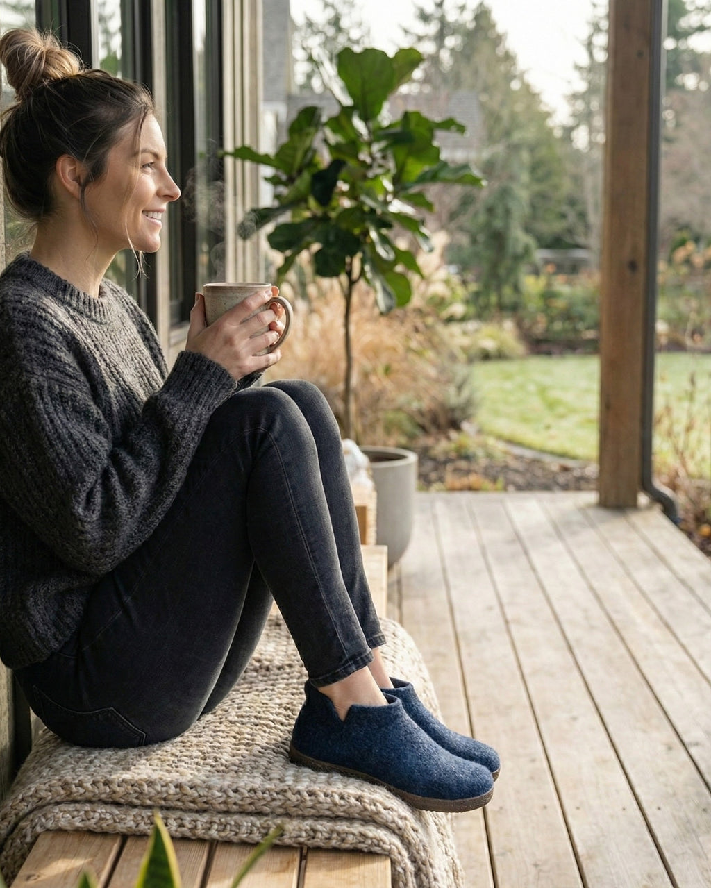 Woman sitting on a wooden deck holding a mug, wearing dark blue shoes.