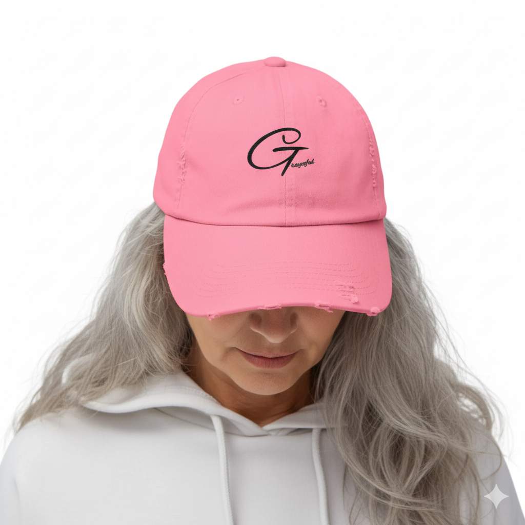 Unisex gray distressed cotton baseball cap with black Grayceful logo embroidery, side view