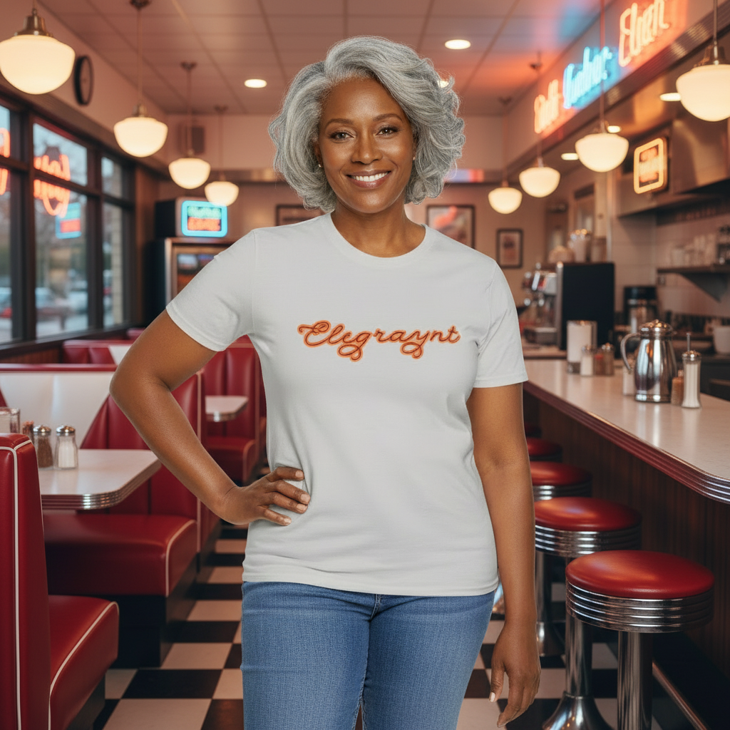 Unisex softstyle crewneck t-shirt in dark heather grey with a burnt orange graphic design.