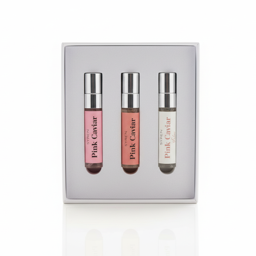 Syren Women's Fragrance Discovery Set with three 5ml Eau de Parfum sprays, showcasing Pink Caviar and Pink Caviar Fleur scents.