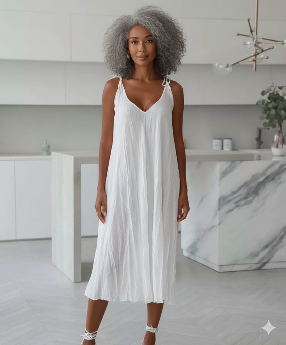 A minimalist white woven sling dress with a clean silhouette in a bohemian style.