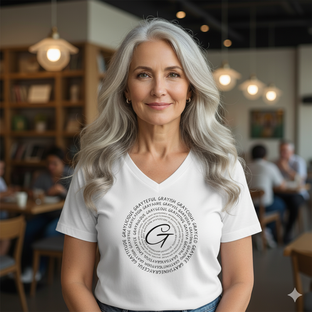 Unisex gray short sleeve V-neck jersey t-shirt with a graphic word pun print