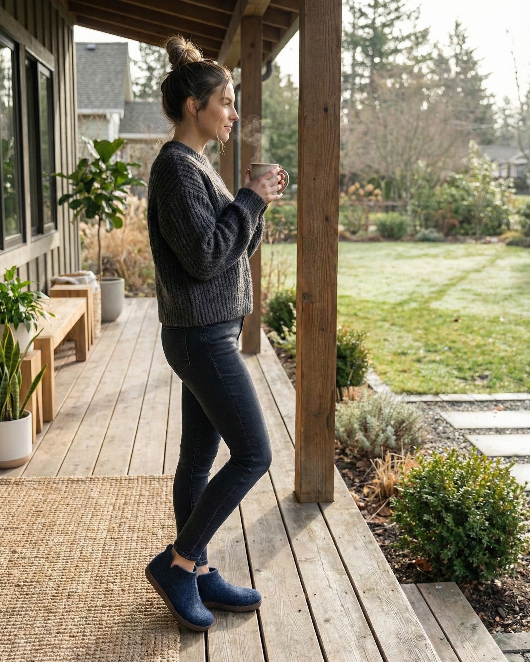 Woman standing on a wooden deck holding a mug, surrounded by plants and garden.