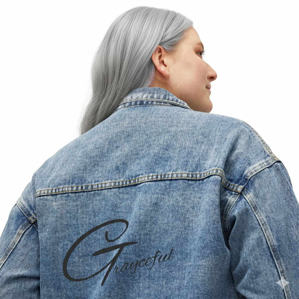Woman wearing a relaxed fit, medium blue denim jacket with collared neckline and button-down closure
