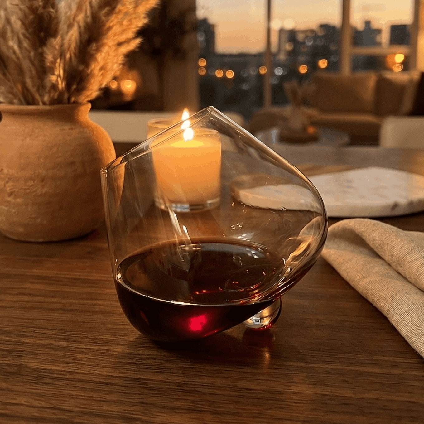 Rotating Crystal Wine Glass with Wooden Coaster for Aeration