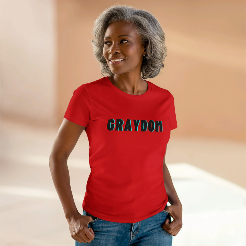 Woman wearing a gray midweight cotton crew neck tee in a minimalist streetwear style
