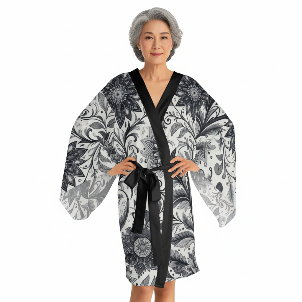 Floral Long Sleeve Kimono Robe Elegant Lounge Wear Spa Cover Up