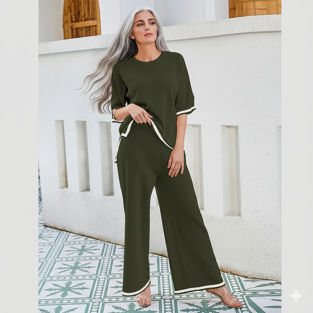 Women's Knit Three-Quarter Sleeve Pullover and Wide Leg Pants Set