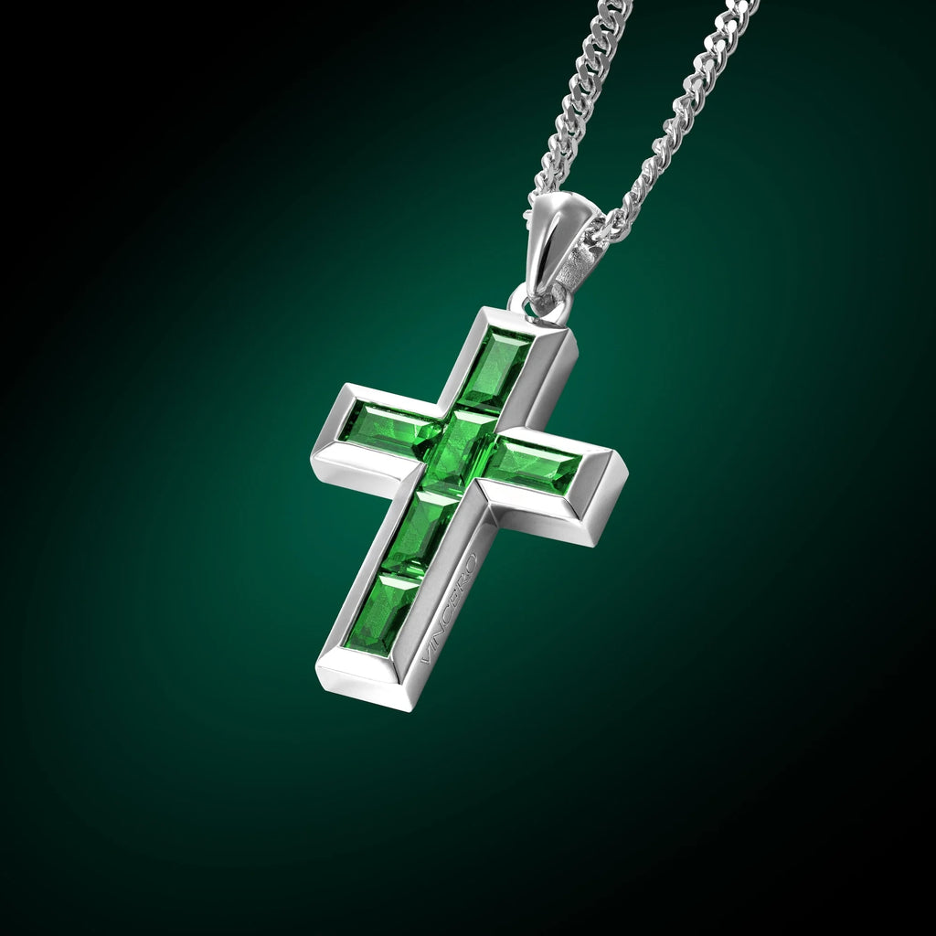 Gemstone Cross Pendant with Emerald in Sterling Silver