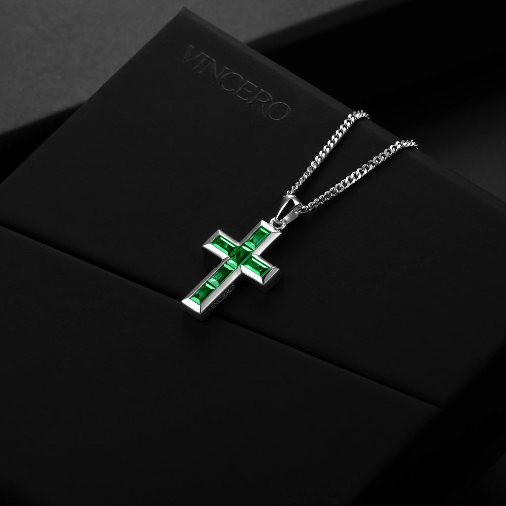 Gemstone Cross Pendant with Emerald in Sterling Silver