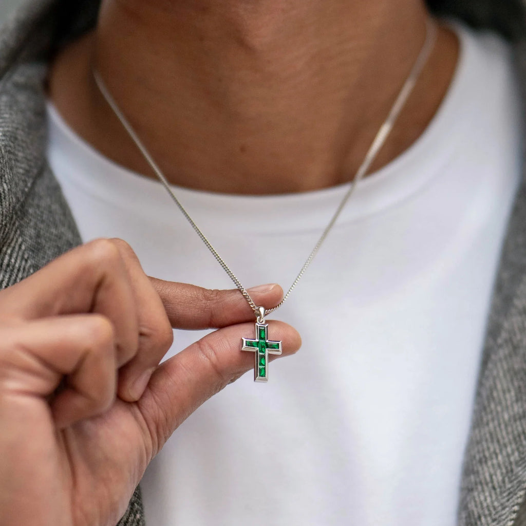Gemstone Cross Pendant with Emerald in Sterling Silver