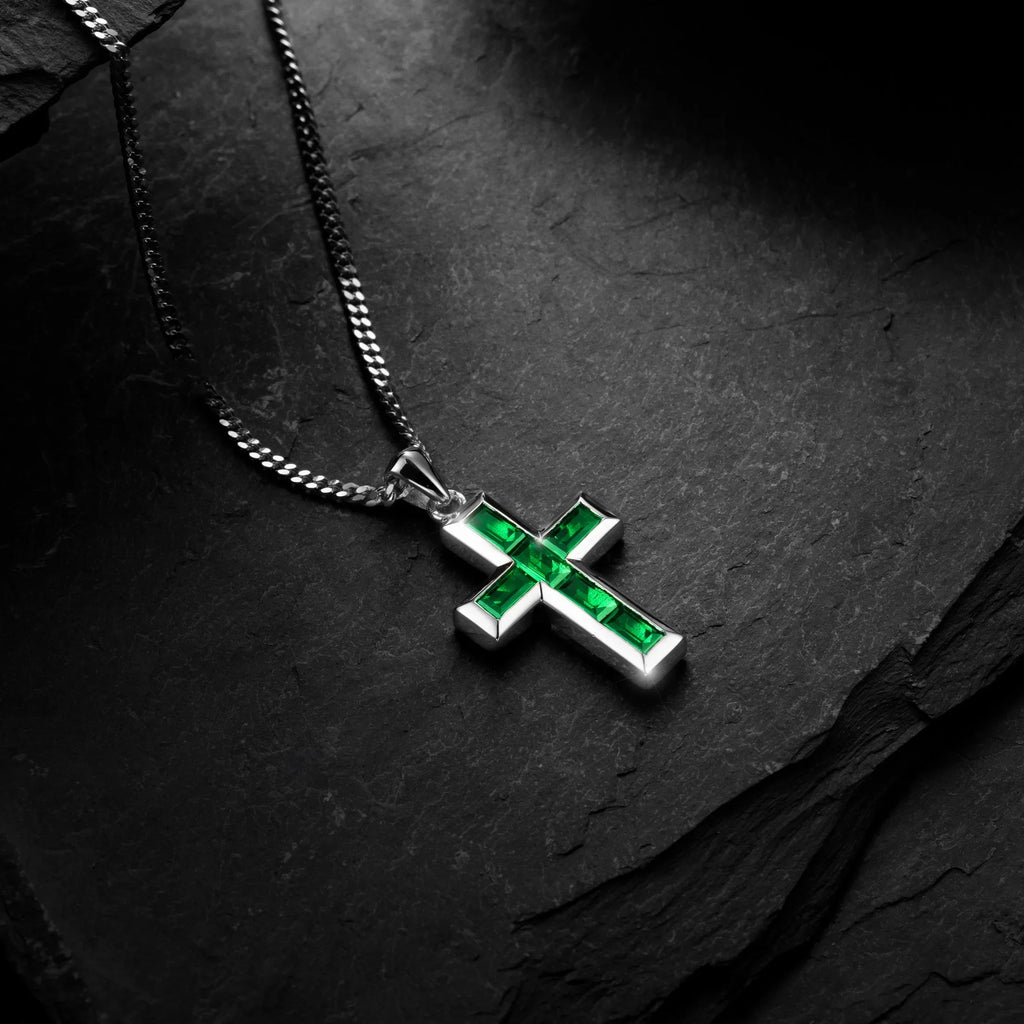 Gemstone Cross Pendant with Emerald in Sterling Silver