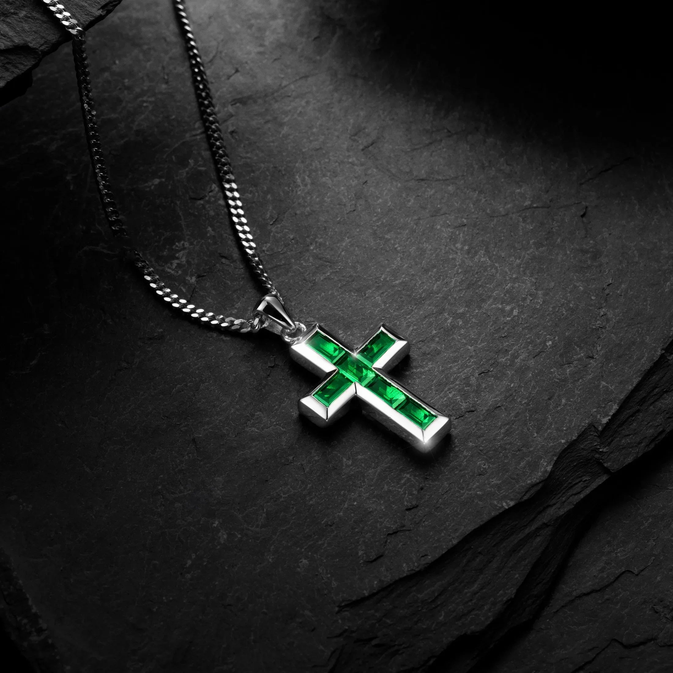 Gemstone Cross Pendant with Emerald in Sterling Silver