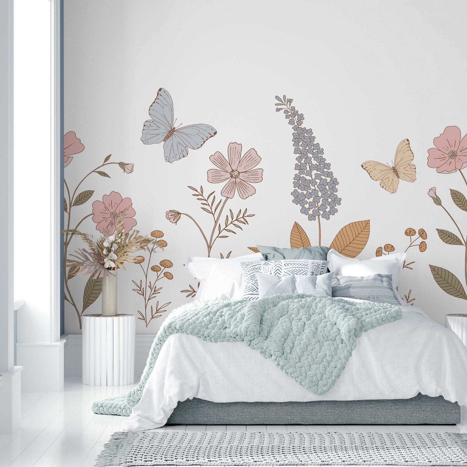 Geneva floral wallpaper in dusty rose and sage green for nursery decor