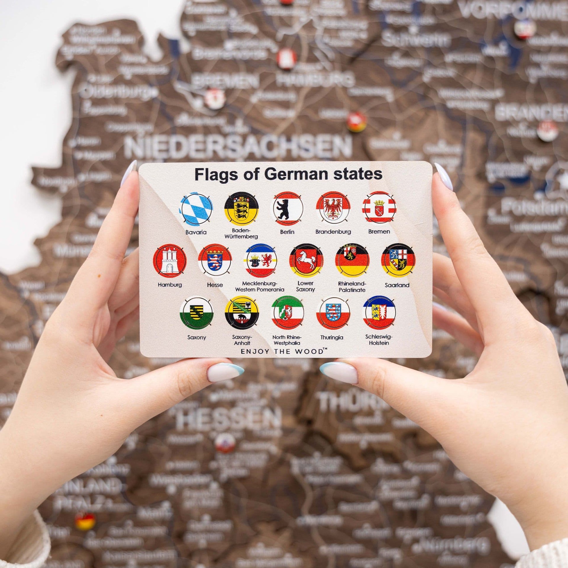 Set of 16 miniature colorful German state flag pins for wooden travel maps