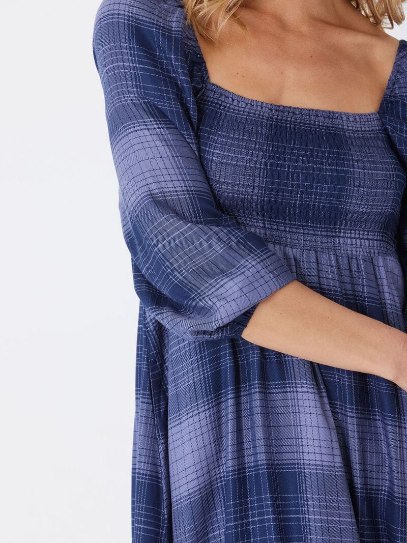 Faye Sierra Plaid Woven Midi Dress in Blue and Navy
