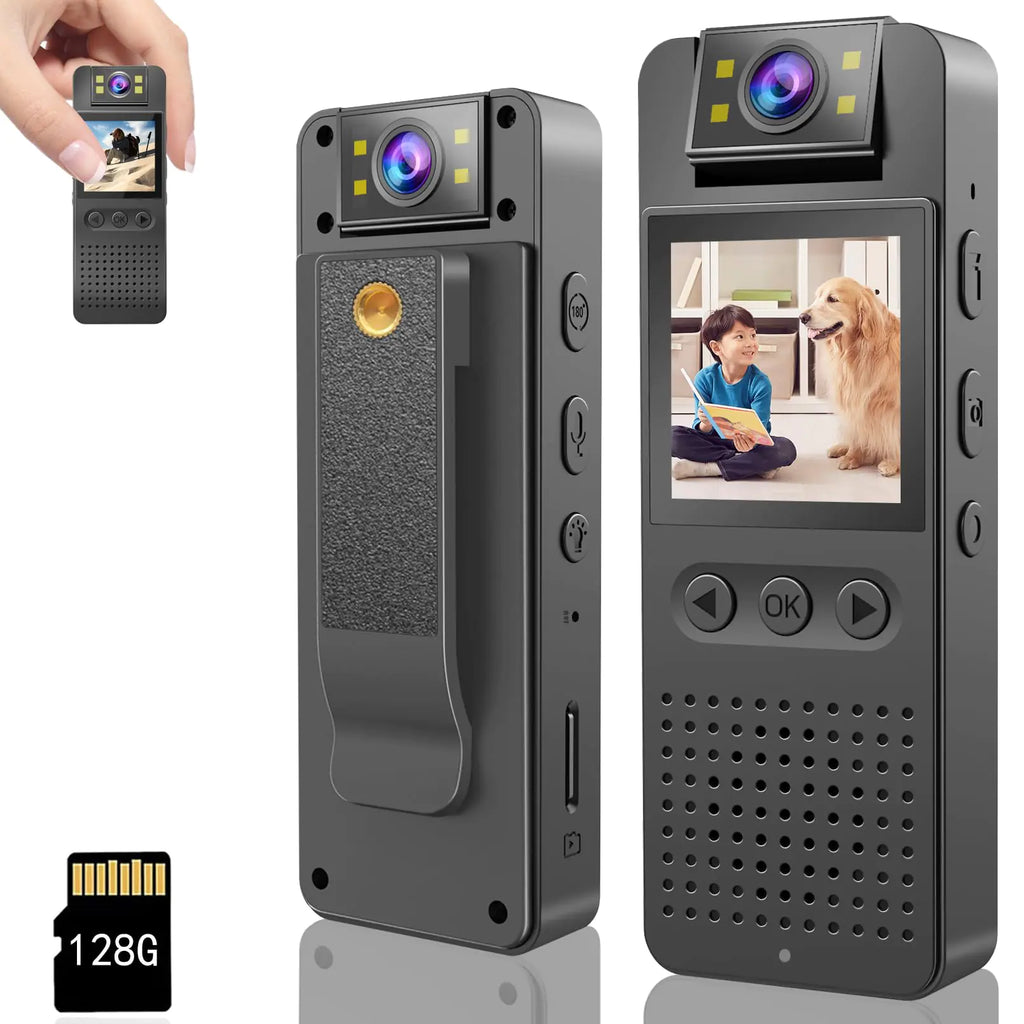 HONGHOO - 128GB Pocket Camcorder Body Cameras with Audio and Video Recording.180° Rotatable Lens True HD 1080P 1.4" Screen to Play Body Camera for