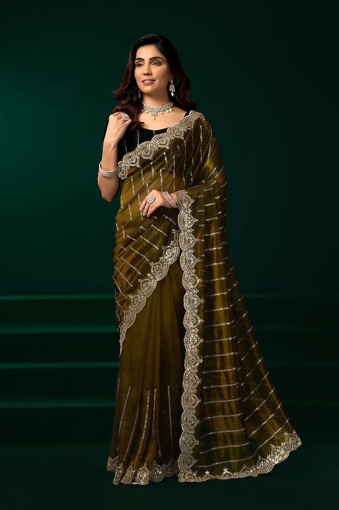 Mehendi Green net party wear saree paired with black velvet blouse