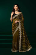 Mehendi Green net party wear saree paired with black velvet blouse