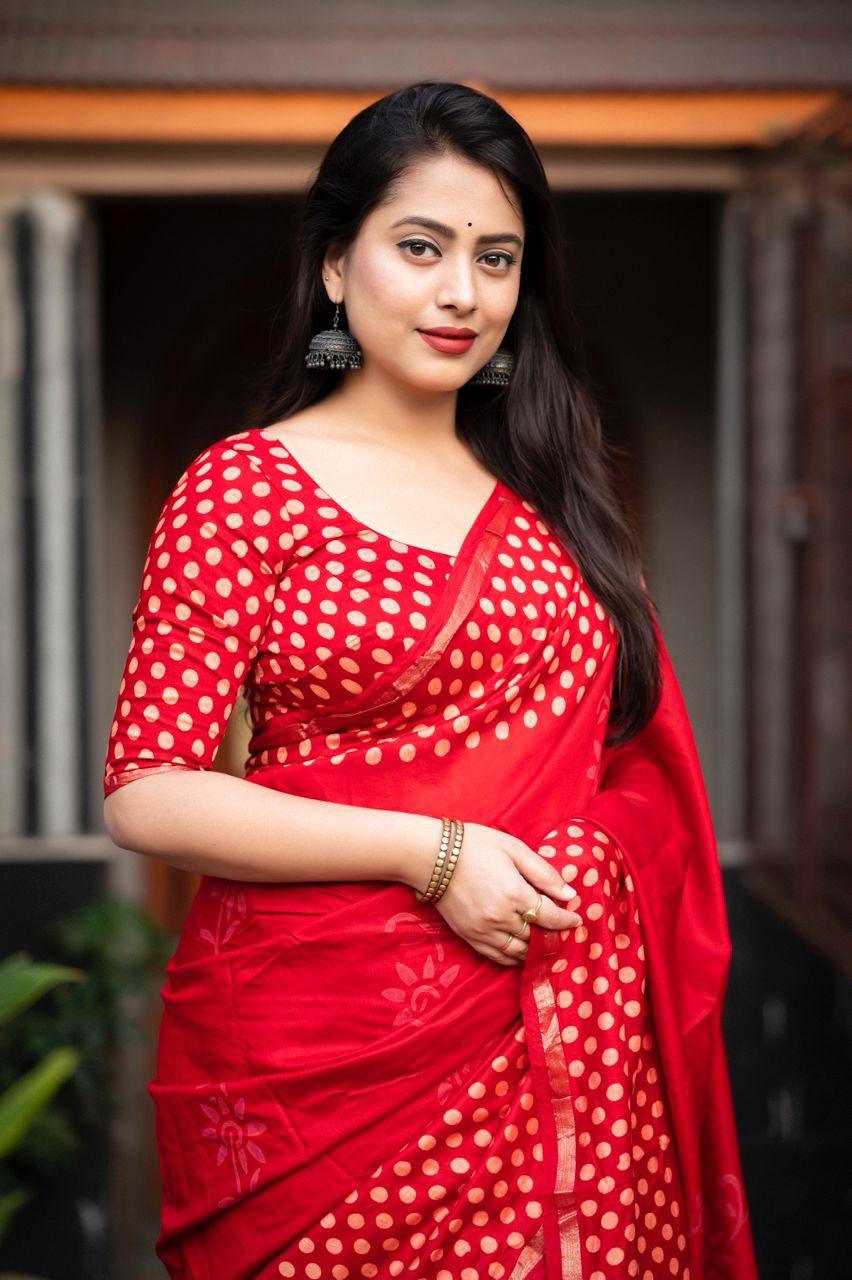 Red Pure Chanderi Cotton Saree with Traditional Hand Block Prints
