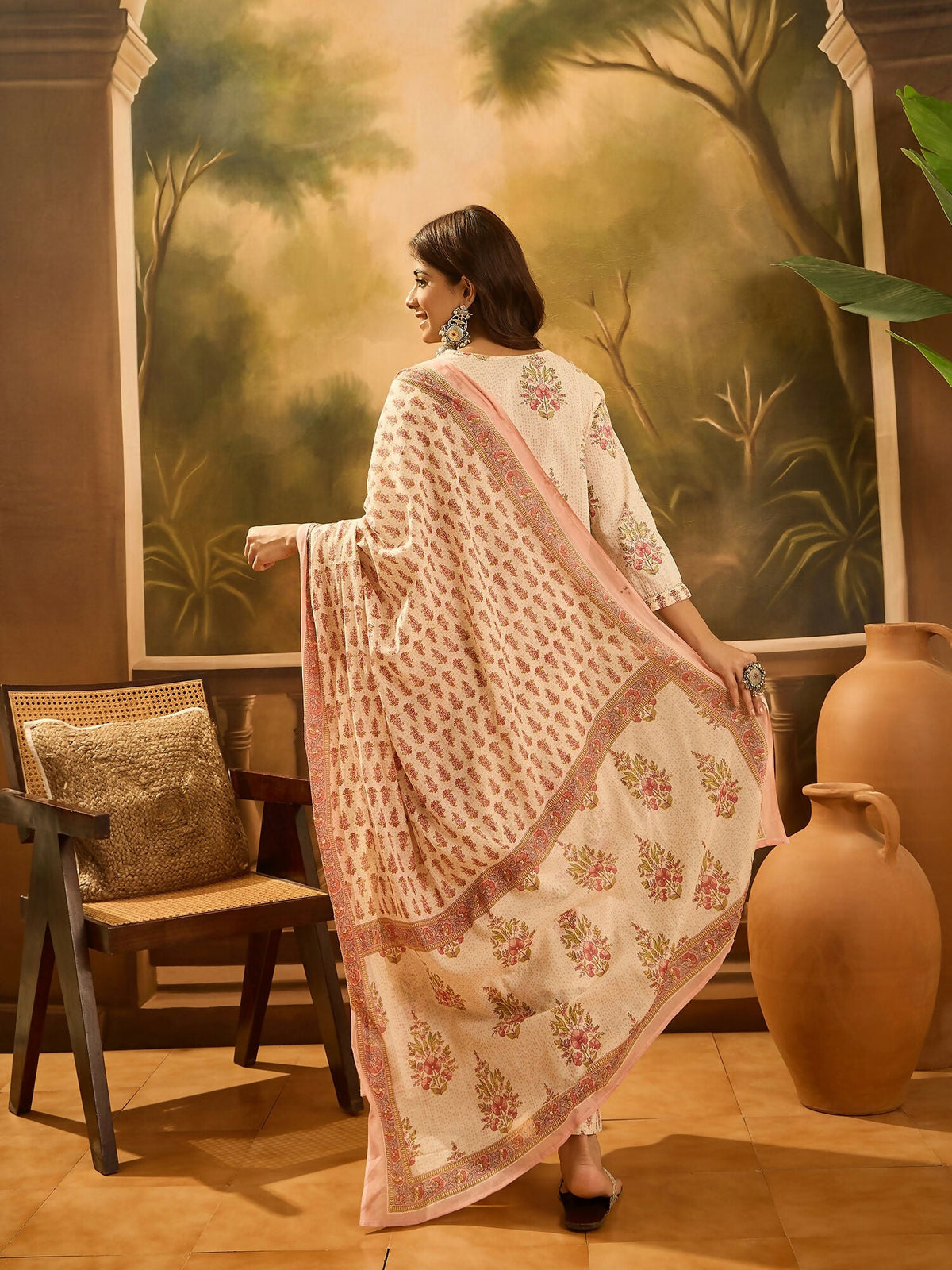 Printed Cream Pure Cotton Kurta Set with 3/4 Sleeves