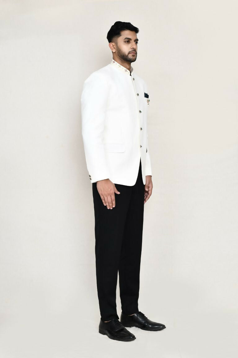 White Cotton Linen Prince Coat with Pocket Square and Pant