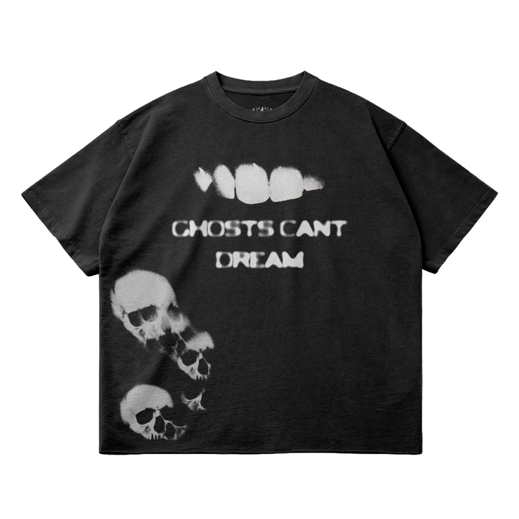 Front view of black heavy 260GSM cotton streetwear t-shirt with Ghosts Cant Dream skull graphic print