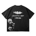 Front view of black heavy 260GSM cotton streetwear t-shirt with Ghosts Cant Dream skull graphic print