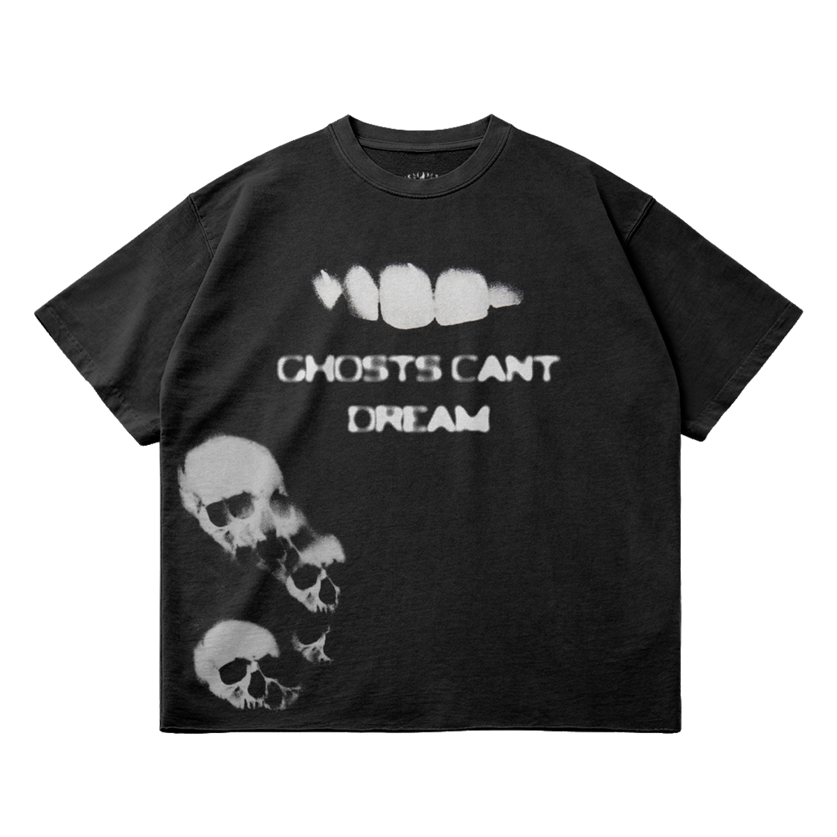 Front view of black heavy 260GSM cotton streetwear t-shirt with Ghosts Cant Dream skull graphic print