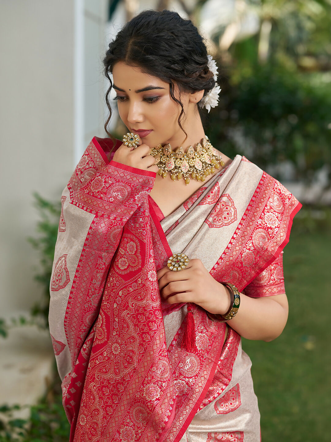 Cream and Red Silk Blend Saree with Matching Blouse