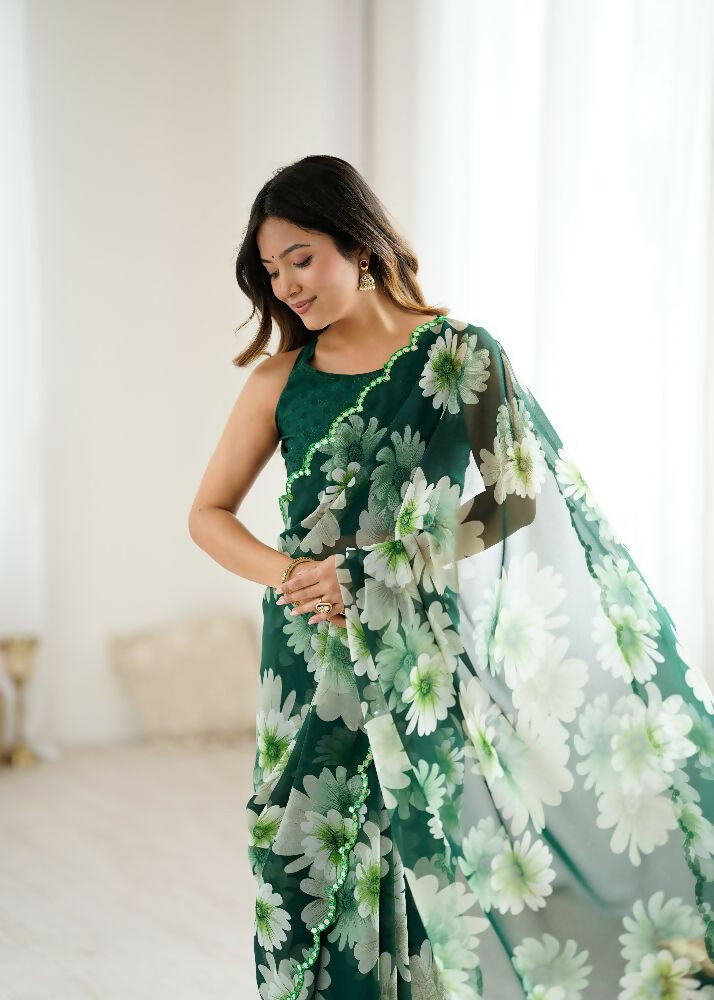Green Georgette Printed Saree with Mirror Work Detailing