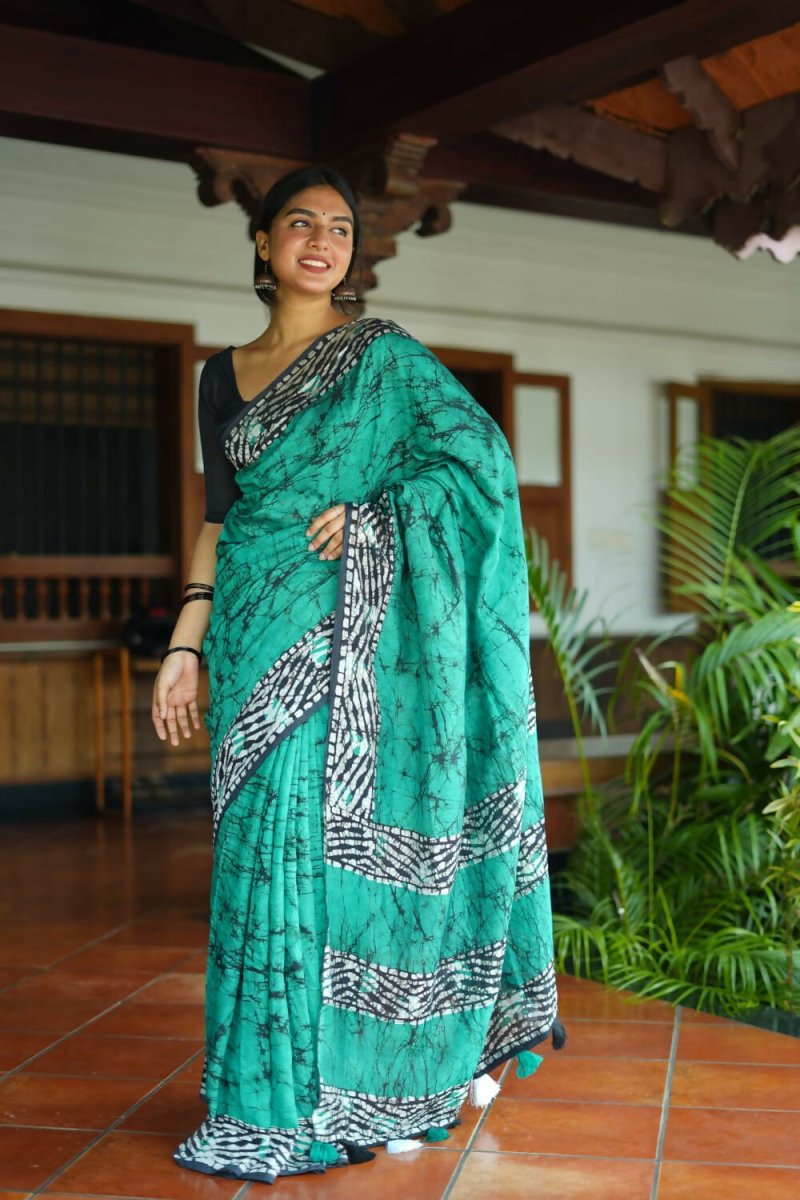 Rama Green pure Chanderi cotton saree with black Batik abstract print design