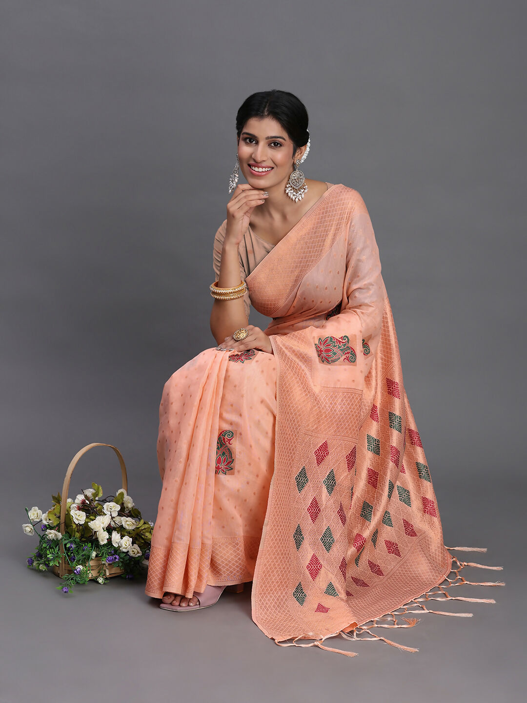 Peach Linen Cotton Saree with Matching Blouse Piece