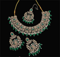 Luxurious green stone work necklace set with matching earrings