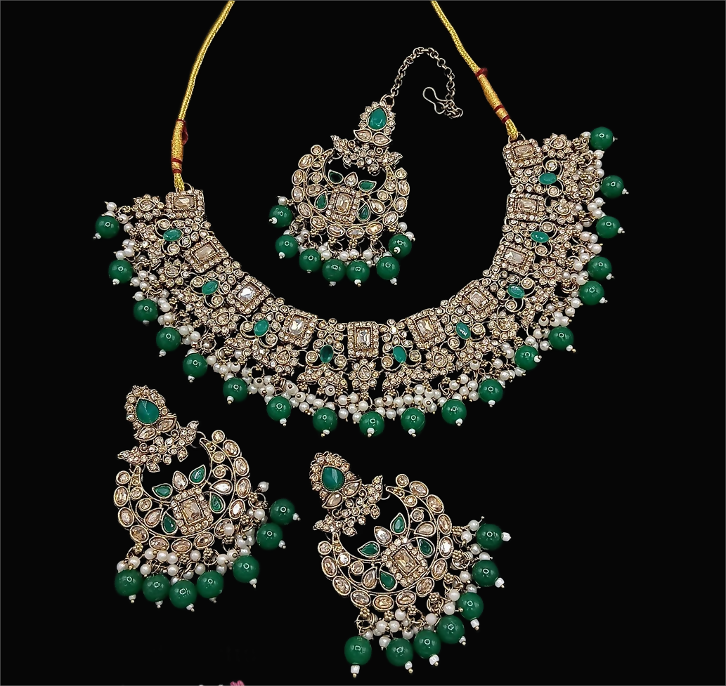 Luxurious green stone work necklace set with matching earrings
