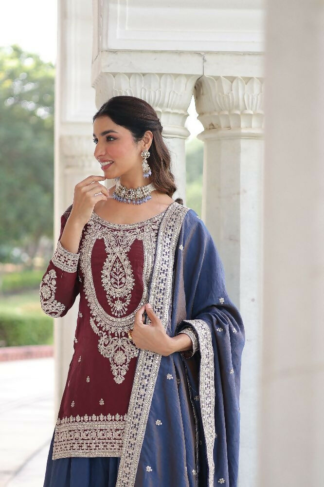 Maroon Silk Kurta Set with Sequins, Zari & Thread Embroidery