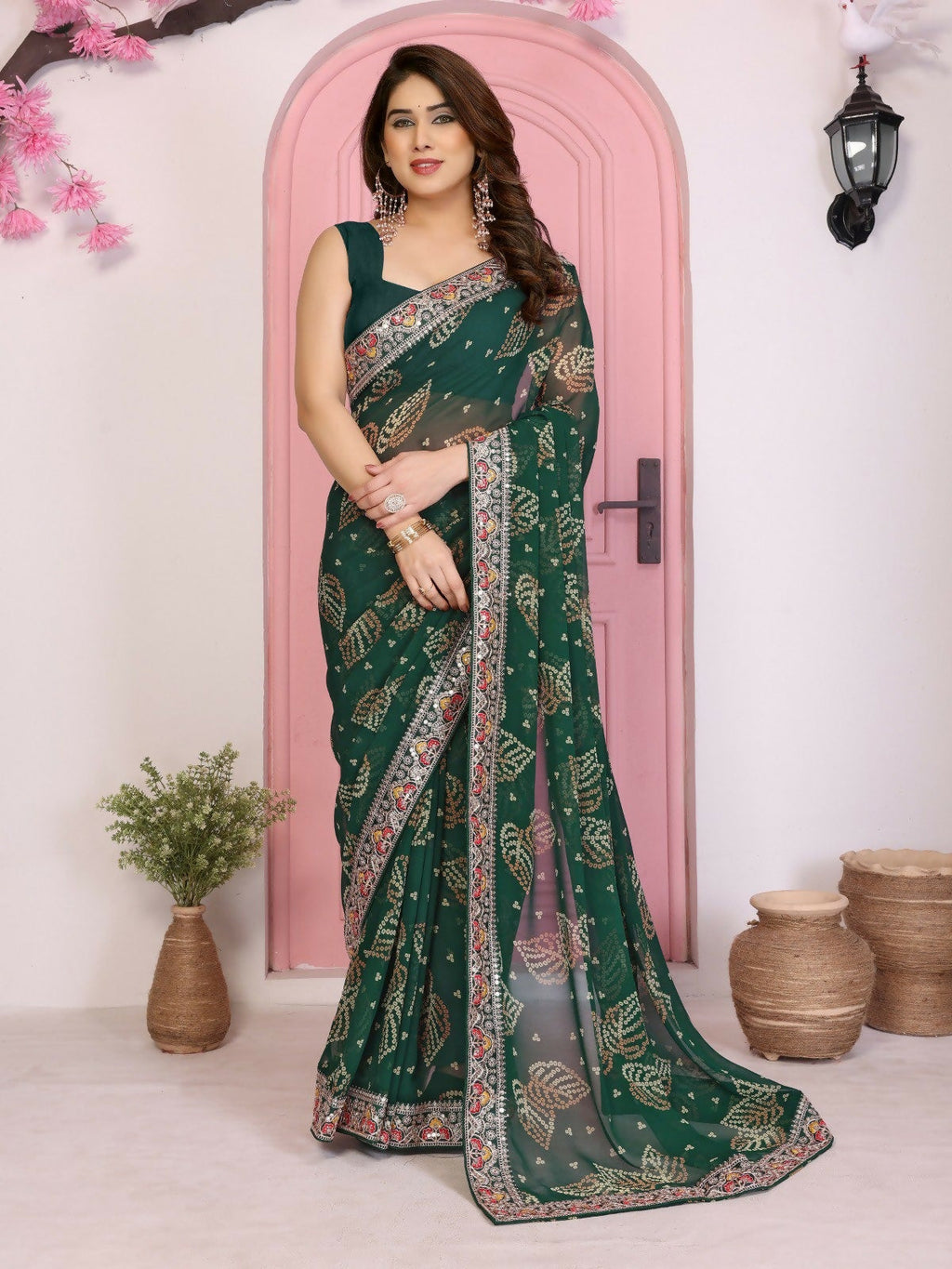 Green georgette saree featuring intricate Rajwadi Bandhani print for festive occasions