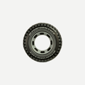 A giant inflatable black tire pool tube with white lettering sitting on a white background.